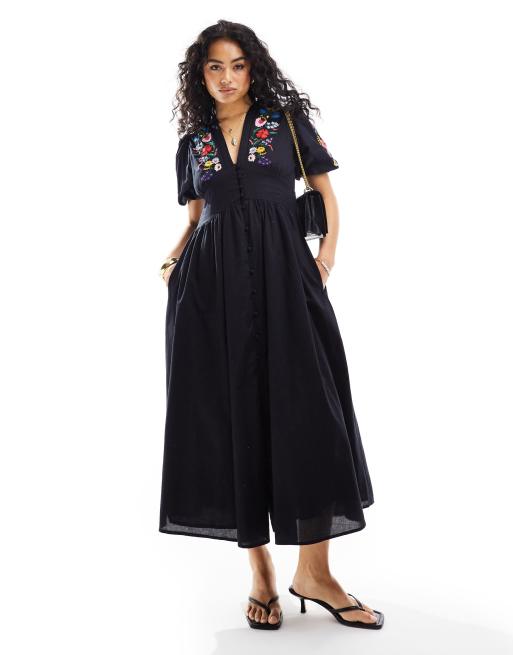 Nobody's Child Starlight embroidered midaxi dress in black