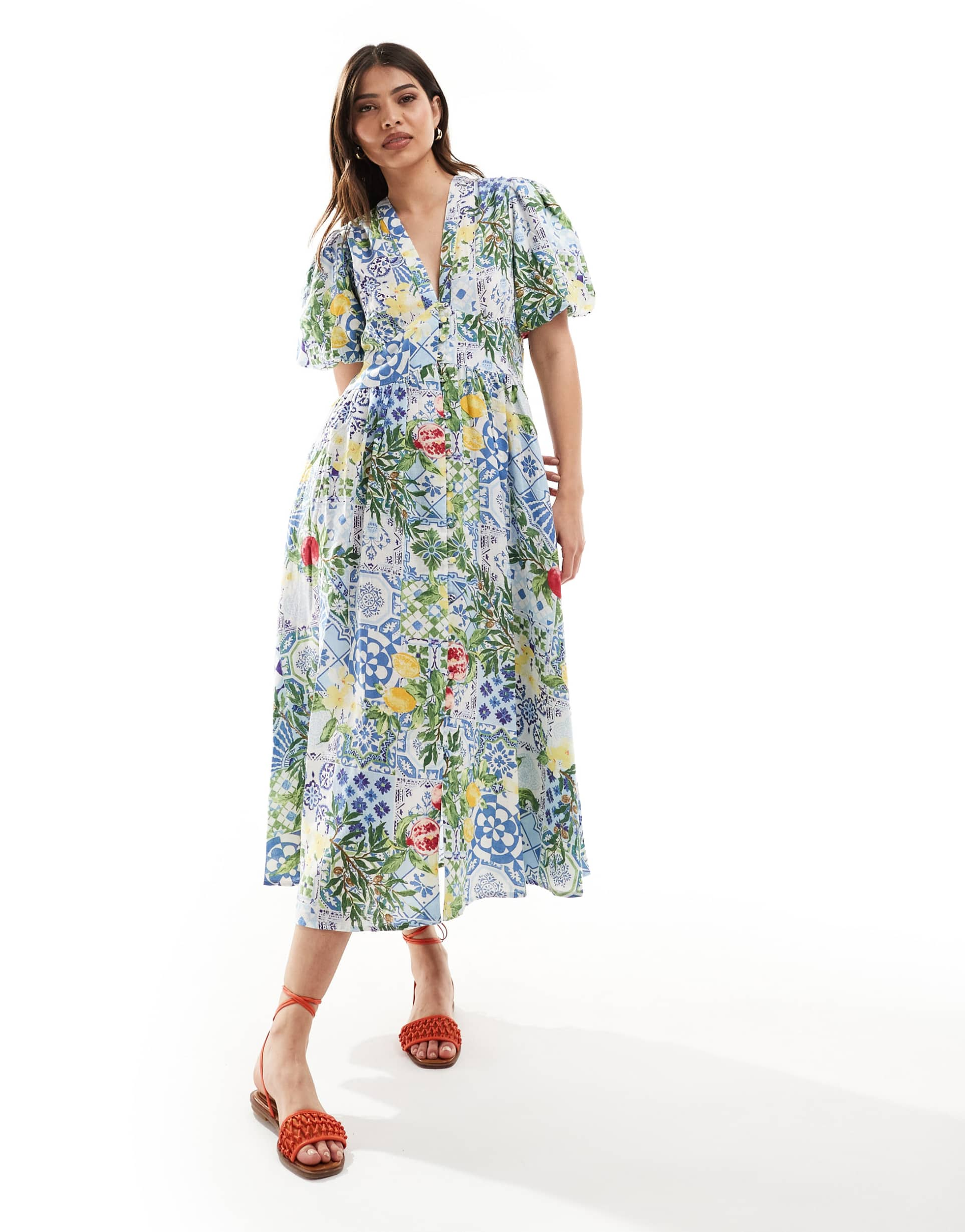 nobody's child starlight midi dress in tile fruit print