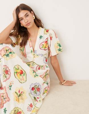 Nobody's Child - Starlight - Midikleid mit Postkarten-Obstprint und Puffärmeln-Bunt