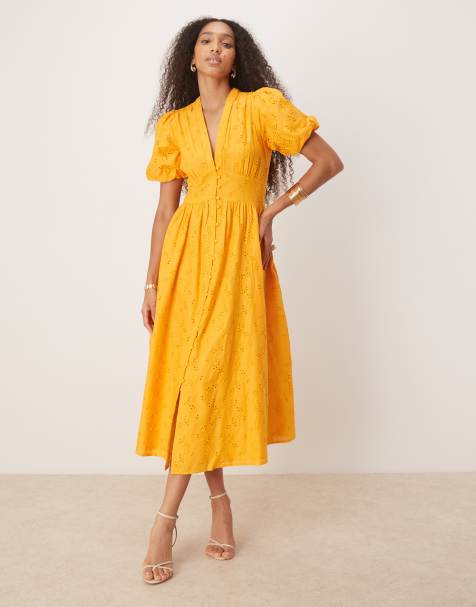 Nobody's Child Starlight puff sleeve midi dress in marigold