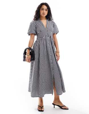 Nobody's Child Starlight puff sleeve midaxi dress in black and white gingham