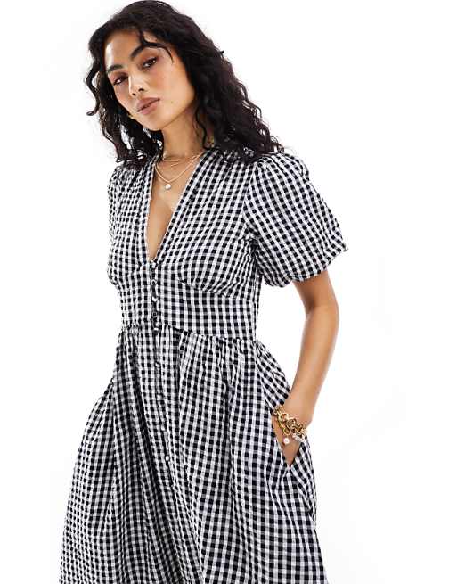 WHITE AND BLACK MICRO CHECK DRESS IN POPLIN, BABY WHITE AND BLACK MICRO CHECK DRESS IN POPLIN, BABY