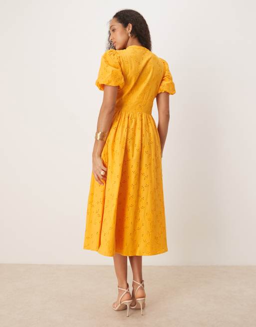Nobody's Child Starlight puff sleeve midi dress in marigold, 3 of 4
