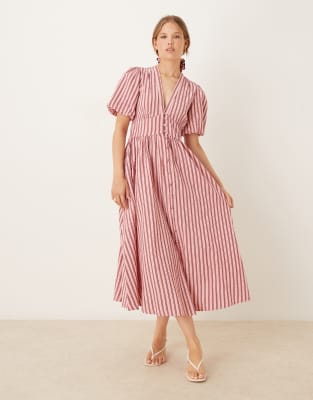 Nobody's Child Starlight puff sleeve midi dress in pink stripe - view 1