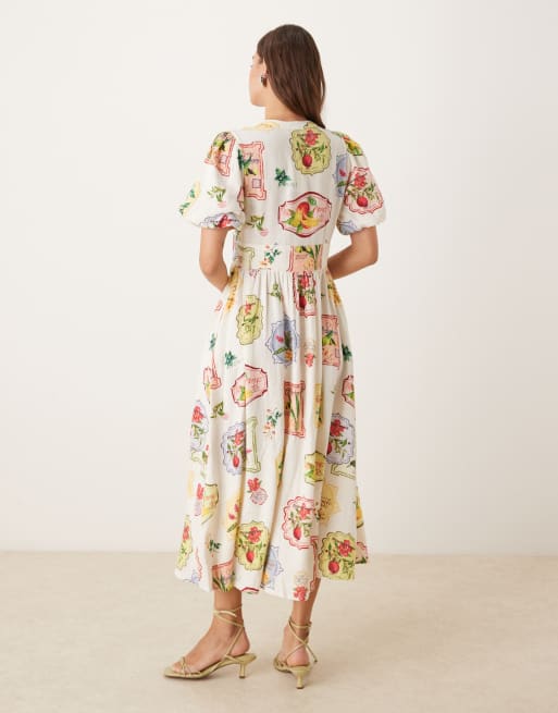 Nobody's Child Starlight puff sleeve midi dress in postcard fruit