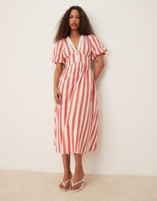 Nobody's Child Starlight puff sleeve midi dress in red and white stripe
