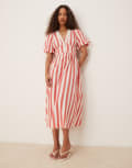 [Nobody's Child] Nobody's Child Starlight puff sleeve midi dress in red and white stripe 14 Red