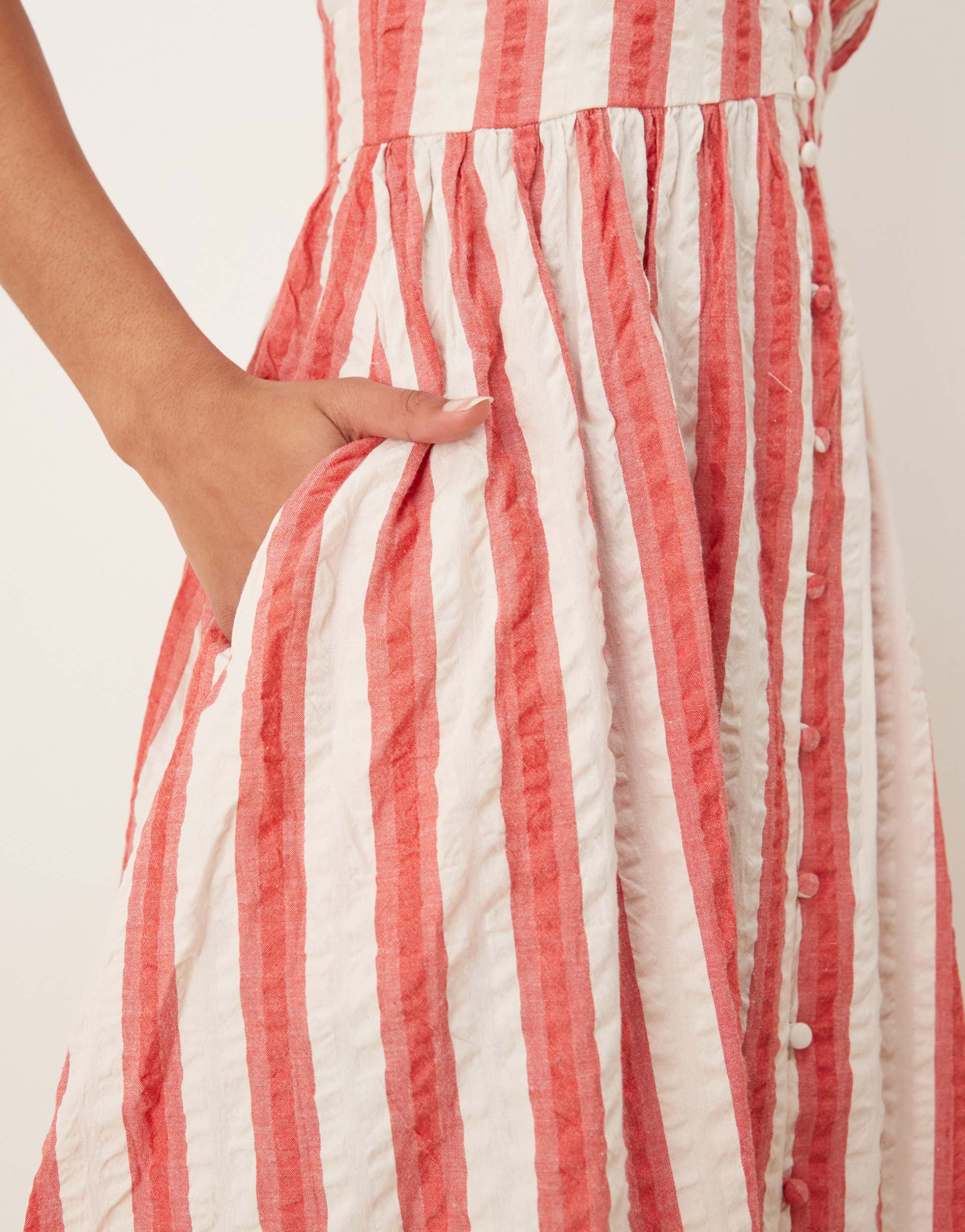 nobody's child starlight puff sleeve midi dress in red and white stripe