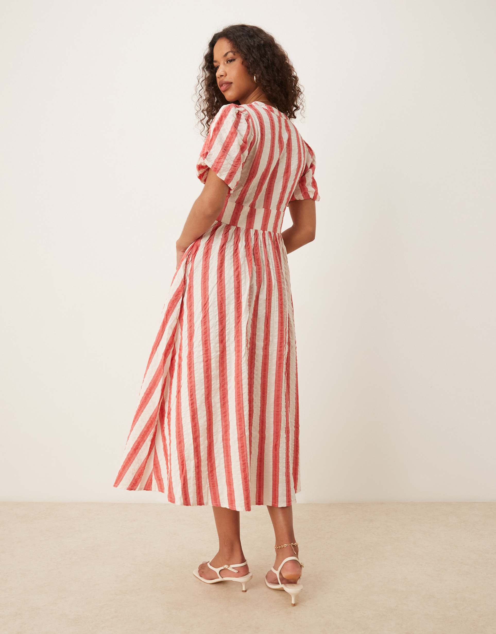 nobody's child starlight puff sleeve midi dress in red and white stripe