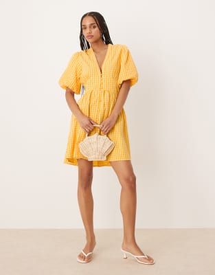Starlight puff sleeve mini dress in yellow gingham