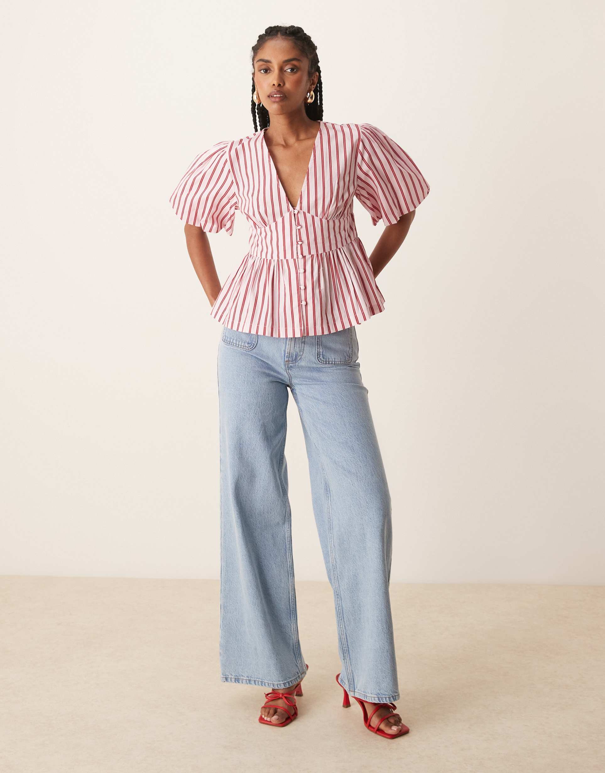 nobody's child starlight puff sleeve top in pink stripe