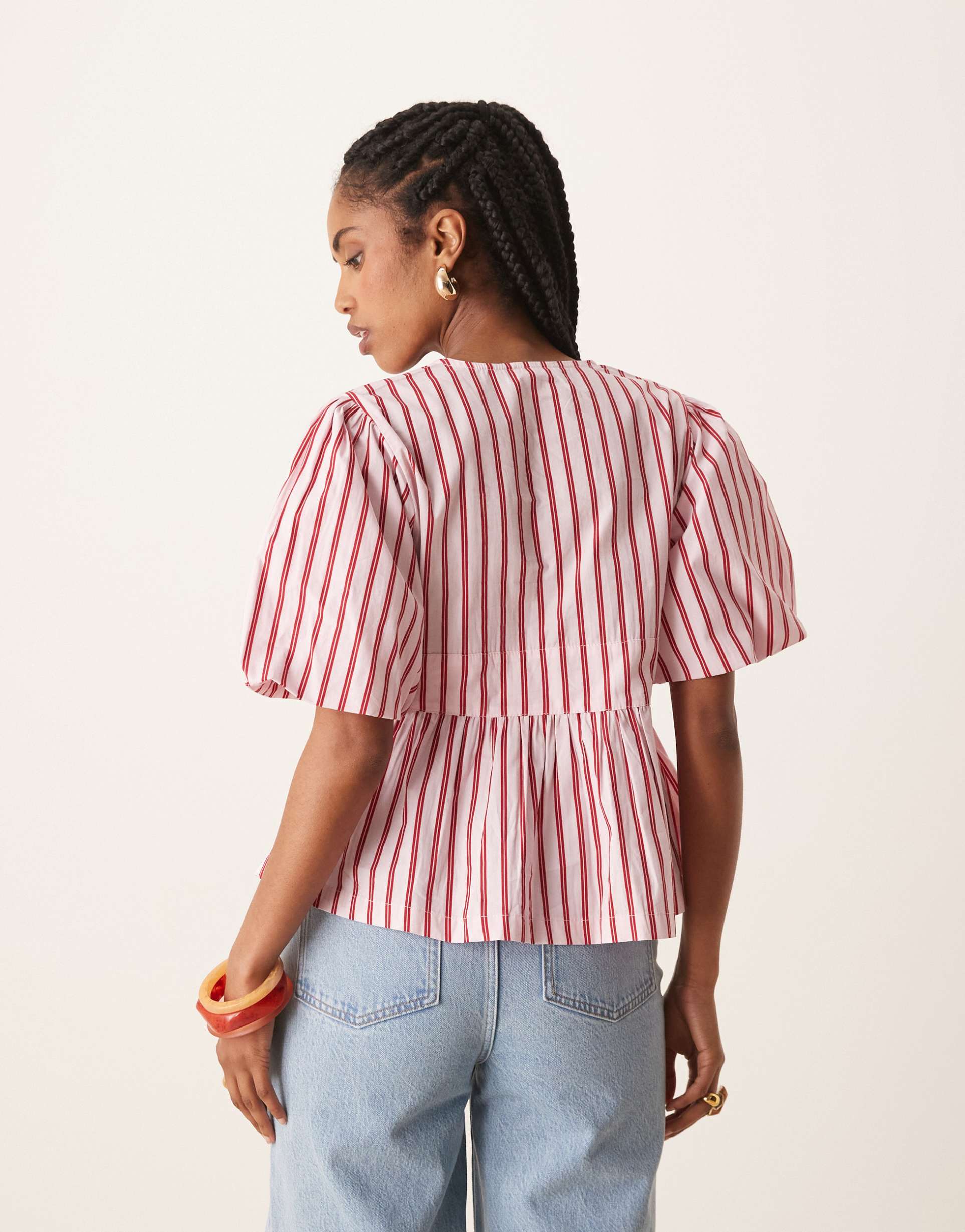 nobody's child starlight puff sleeve top in pink stripe