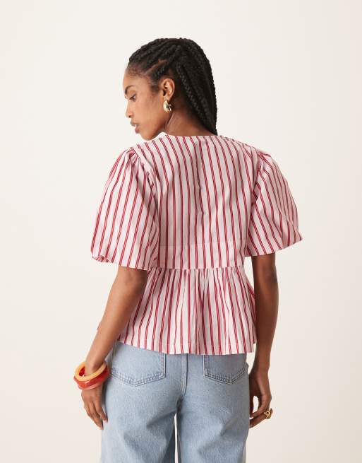 Nobody's Child Starlight puff sleeve top in pink stripe, 4 of 4