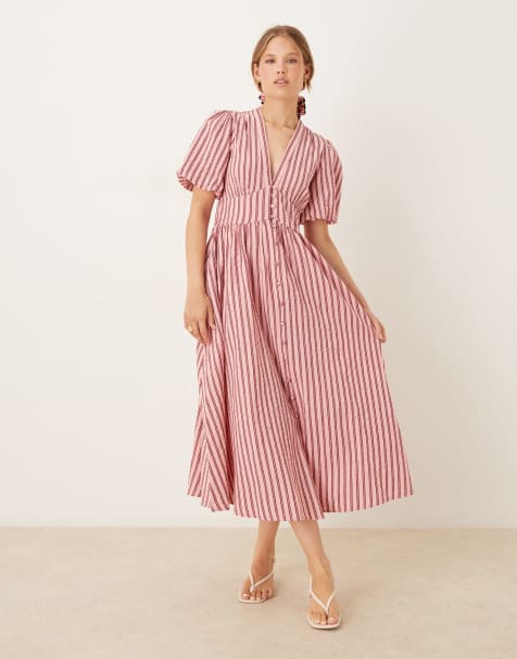 Nobody's Child - Starlight - Robe mi-longue rayée à manches bouffantes - Rose - view 1