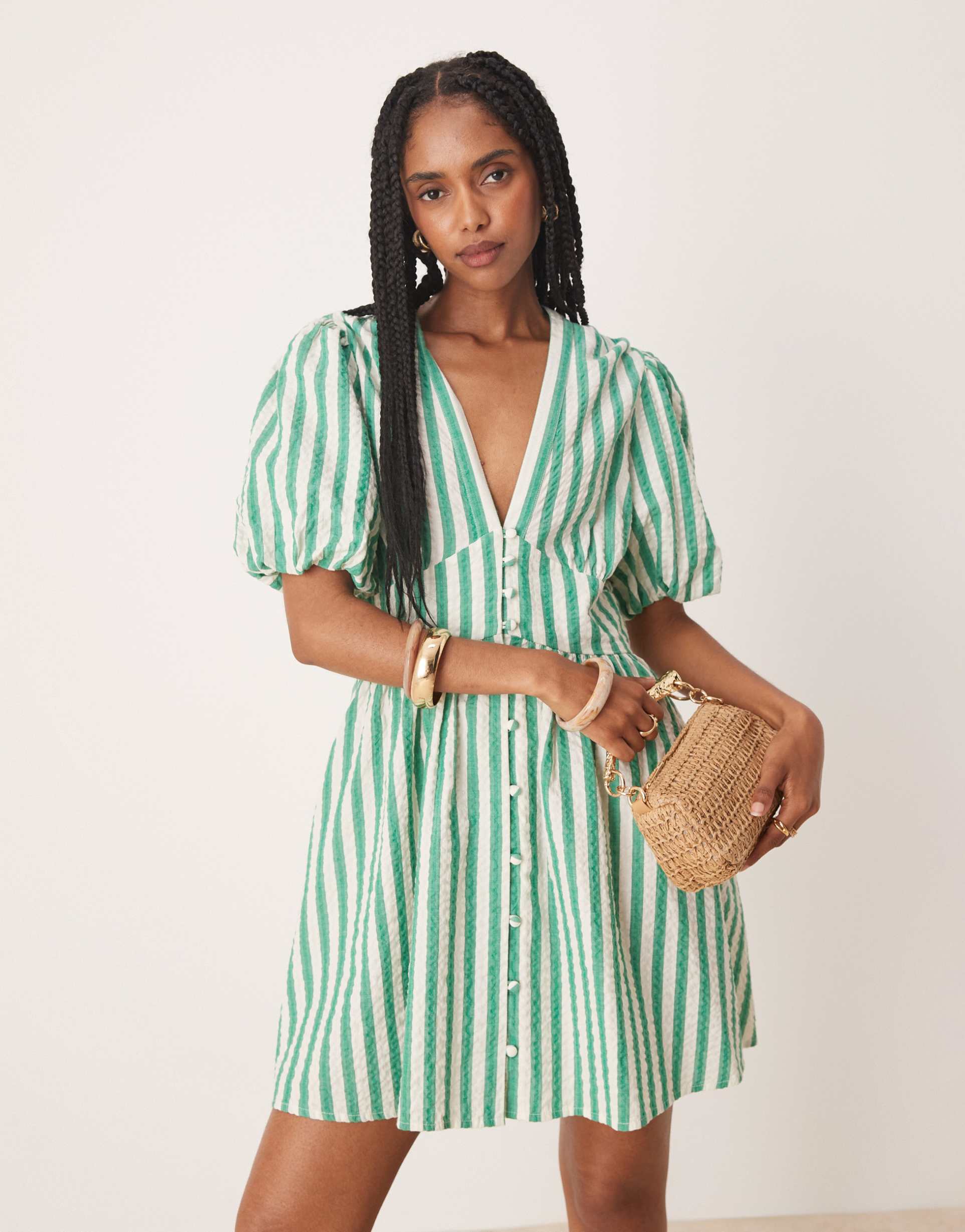 nobody's child starlight short sleeve mini dress in green stripes