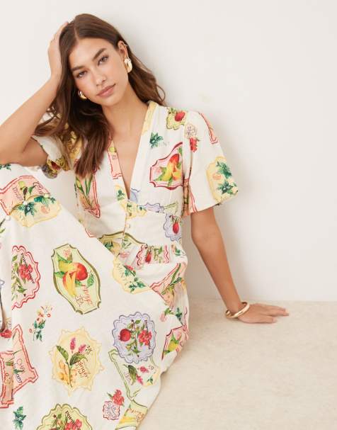 Nobody's Child - Starlight - Vestito midi con maniche a sbuffo e stampa di frutta stile cartolina - view 1