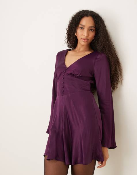 Nobody's Child – Stella – Śliwkowa sukienka mini z długimi rękawami - view 1