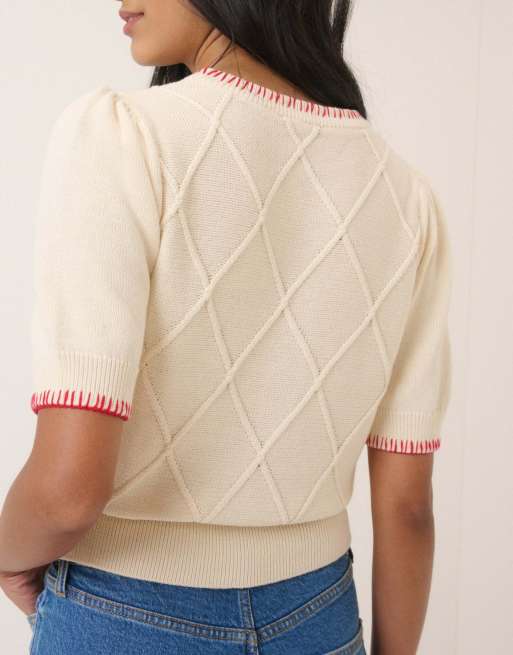Nobody's Child Strawberry cotton embroidered knitted t-shirt in cream, 4 of 4