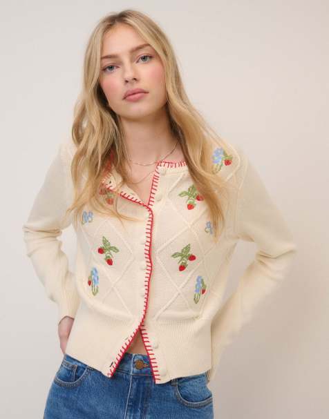Nobody's Child Strawberry embroidered cardigan in cream