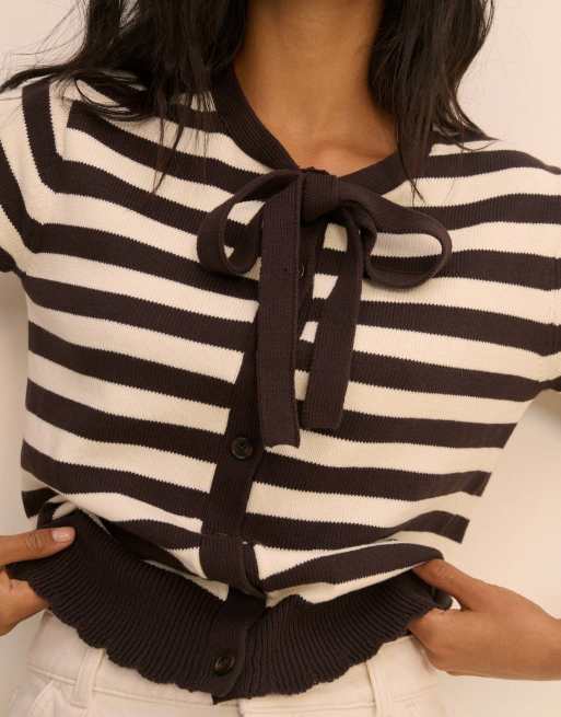 Nobody's Child Stripe cotton short sleeve tie neck cardigan in white, 3 of 5