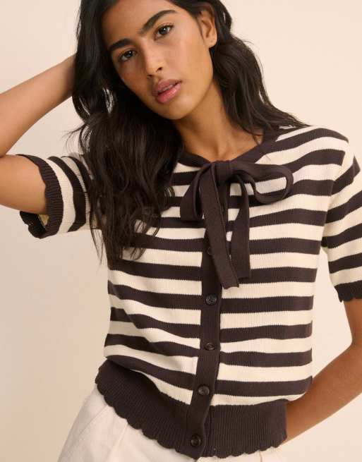 Nobody's Child Stripe short sleeve tie neck cardigan in white, 5 of 5