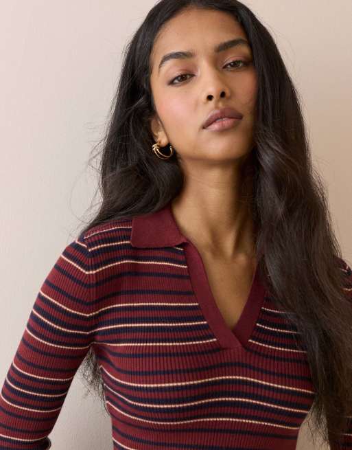 Nobody's Child Striped ribbed collared top in multi, 5 of 5