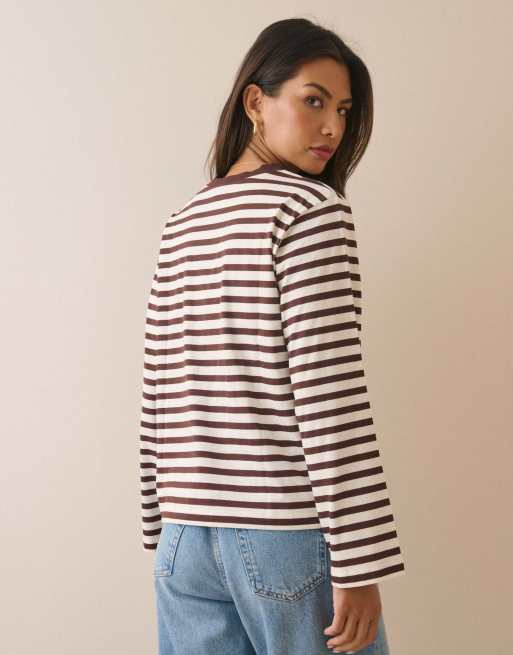 Nobody's Child Striped wide sleeve jersey top in brown, 2 of 5