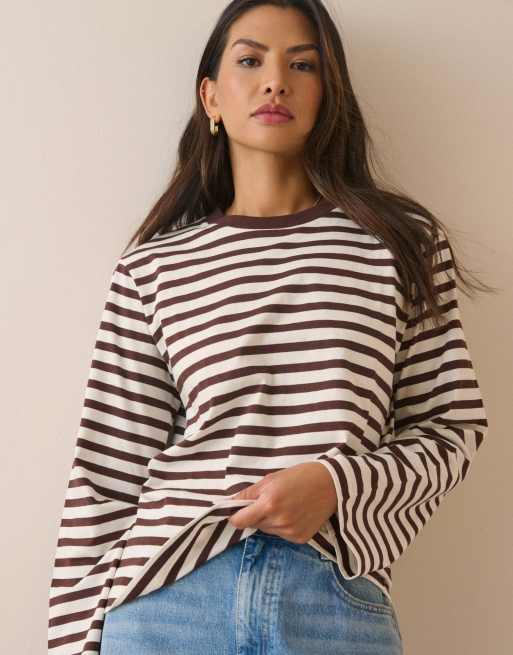 Nobody's Child Striped wide sleeve jersey top in brown, 4 of 5