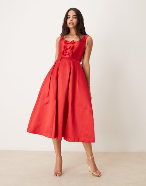 Nobody's Child structured satin midi dress with bow detail in red - view 1