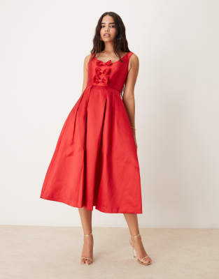 [Nobody's Child] Nobody's Child structured satin midi dress with bow detail in red 14 Red