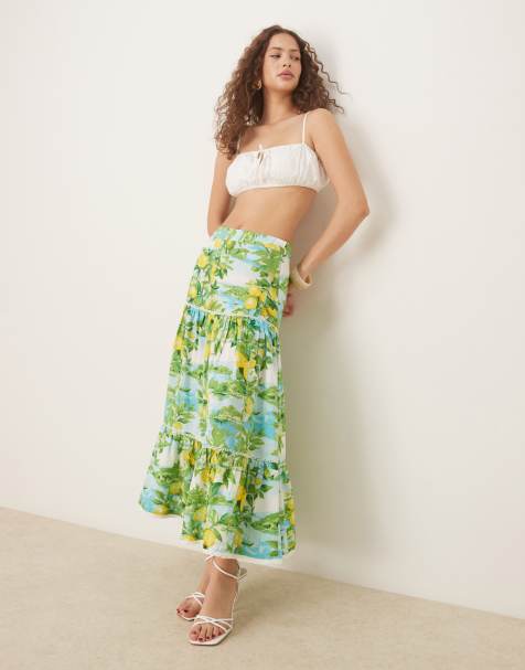 Nobody's Child Summer tiered linen skirt in lemon scenic print