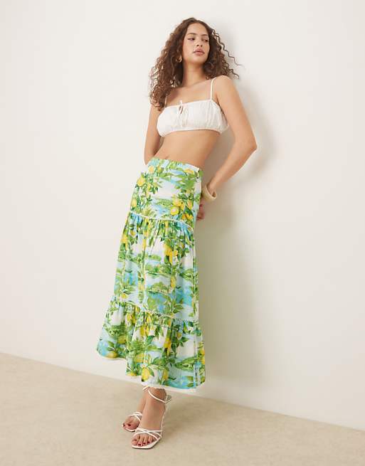 Nobody's Child Summer tiered linen skirt in lemon scenic Nobody's Child Summer tiered linen skirt in lemon scenic
