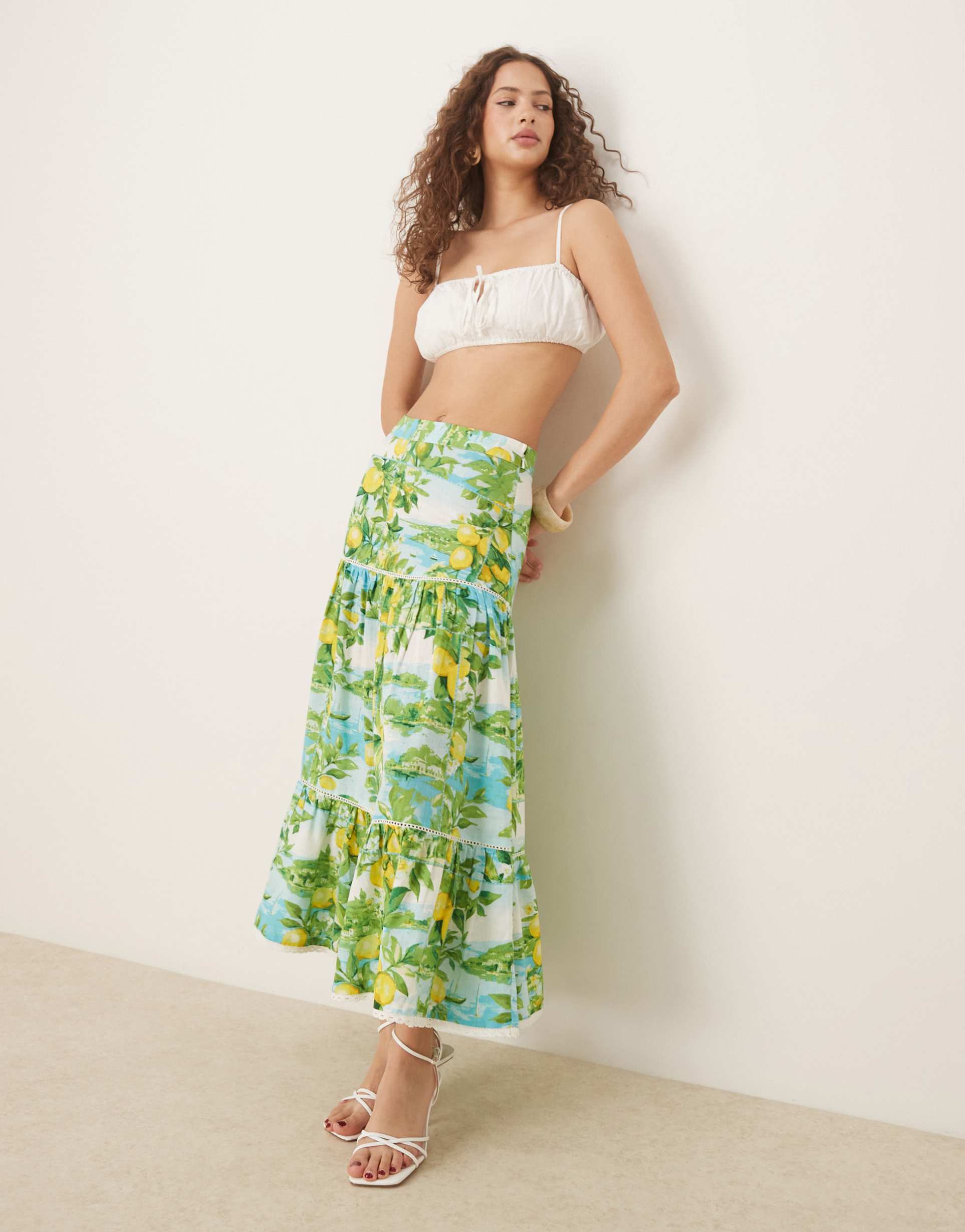 nobody's child summer tiered linen skirt in lemon scenic print