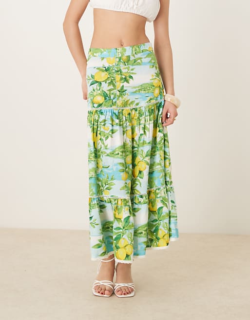 Nobody's Child Summer tiered linen skirt in lemon scenic Nobody's Child Summer tiered linen skirt in lemon scenic