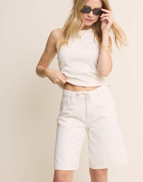 Nobody's Child - Sutton - Hvide longline-shorts i denim med løbesnor - view 1