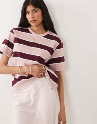 T-shirt coupe carrée à rayures - Rose et bordeaux-Rouge XS