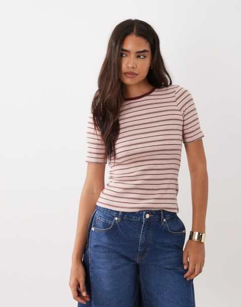 Nobody's Child - T-shirt girocollo in cotone a coste rosa a righe - view 1
