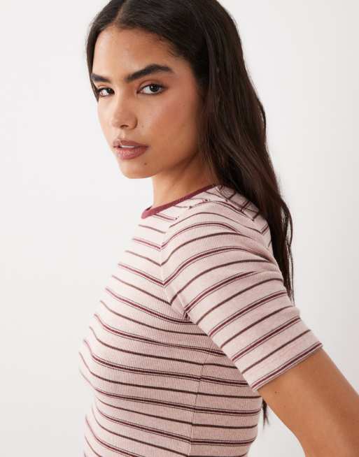 Nobody's Child - T-shirt ras de cou en coton côtelé ajusté à rayures - Rose, 2 de 4