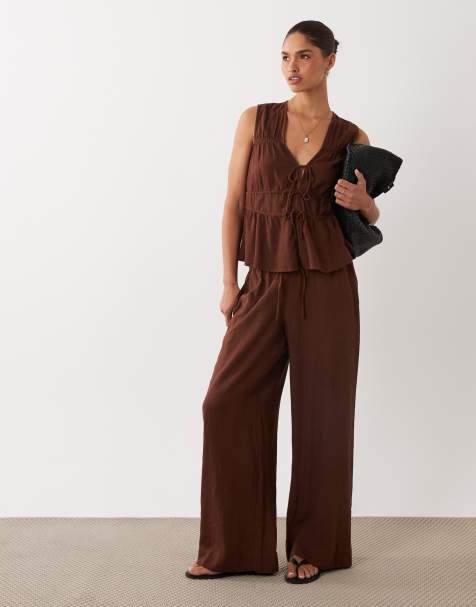 Nobody's Child - Tadlow - Broek van linnenmix in chocoladebruin, deel van co-ord set - view 1