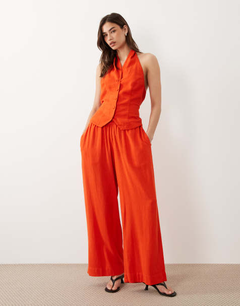 Nobody's Child Tadlow linen blend drawstring waist wide leg pants in orange (part of a set) - view 1