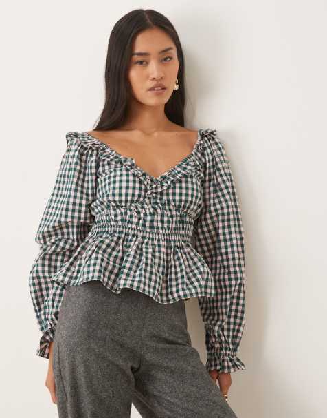 Nobody's Child - Taggie - Blusa milkmaid verde a quadretti - view 1