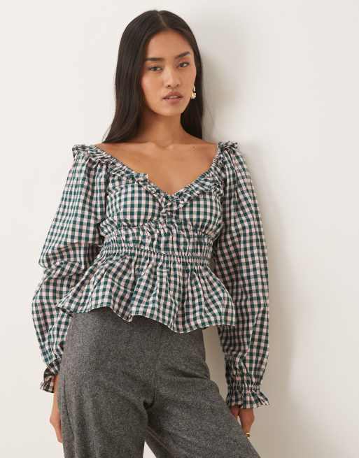 Nobody's Child – Taggie – Milchmädchen-Bluse mit grünem Vichy-Karos