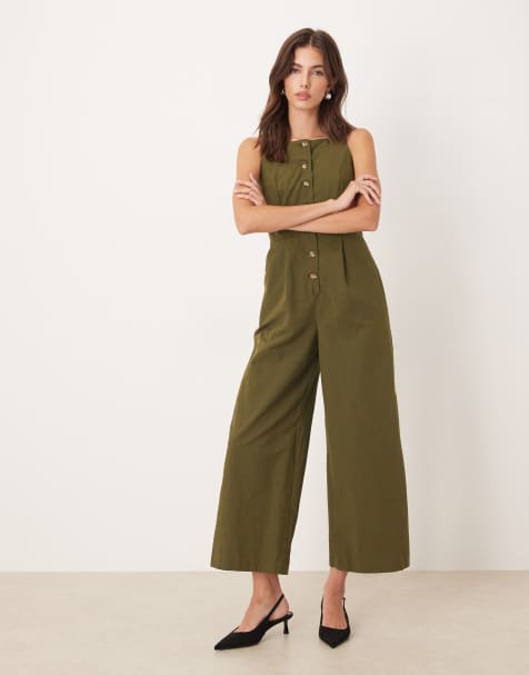 Nobody's Child tailored button front jumpsuit with square neck in khaki green - view 1