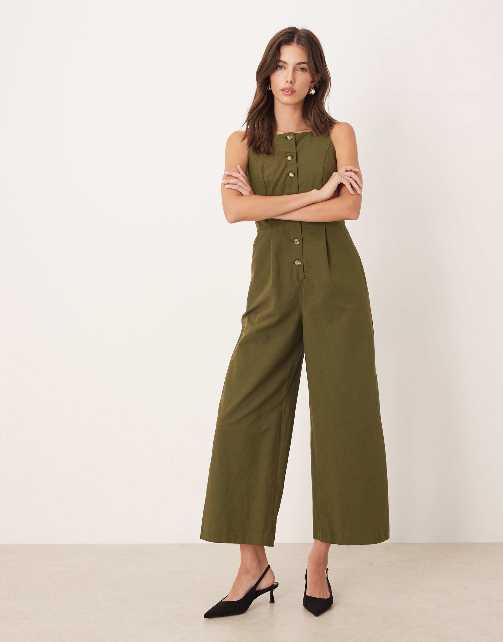 nobody's child tailored button front jumpsuit with square neck in khaki green