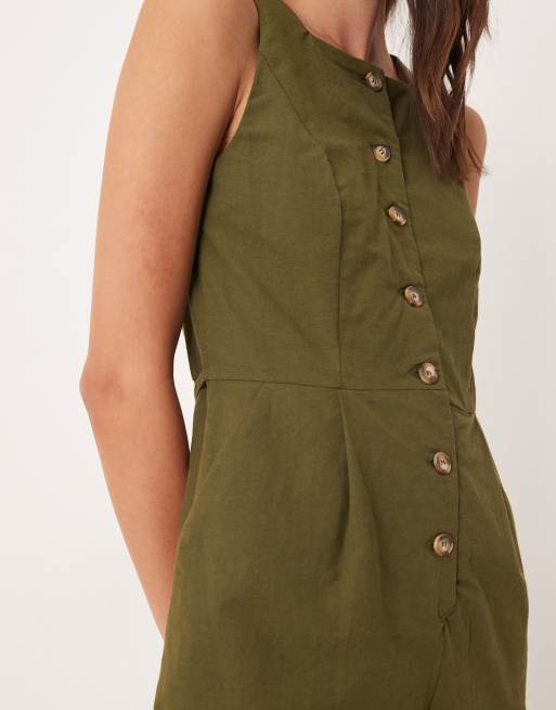 Nobody's Child tailored button front jumpsuit with square neck in khaki green, 3 of 4