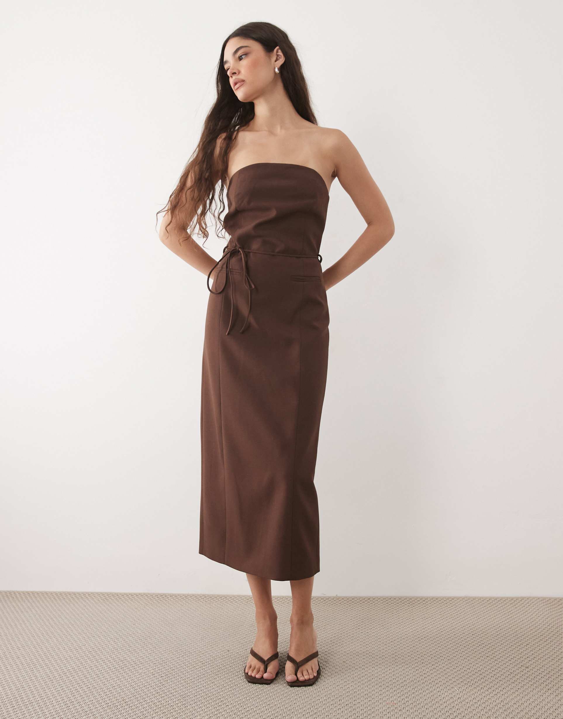 nobody's child tailored strapless dress in brown