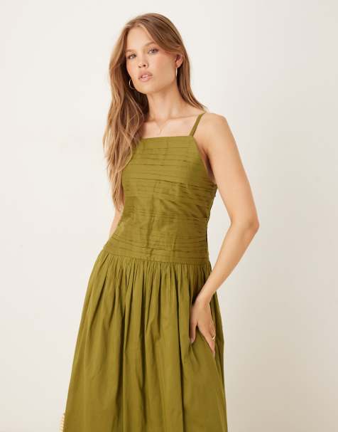 Nobody's Child Talia ruched drop waist midi dress in khaki - view 1