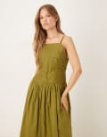 [Nobody's Child] Nobody's Child Talia ruched drop waist midi dress in khaki-Green 8 KHAKI
