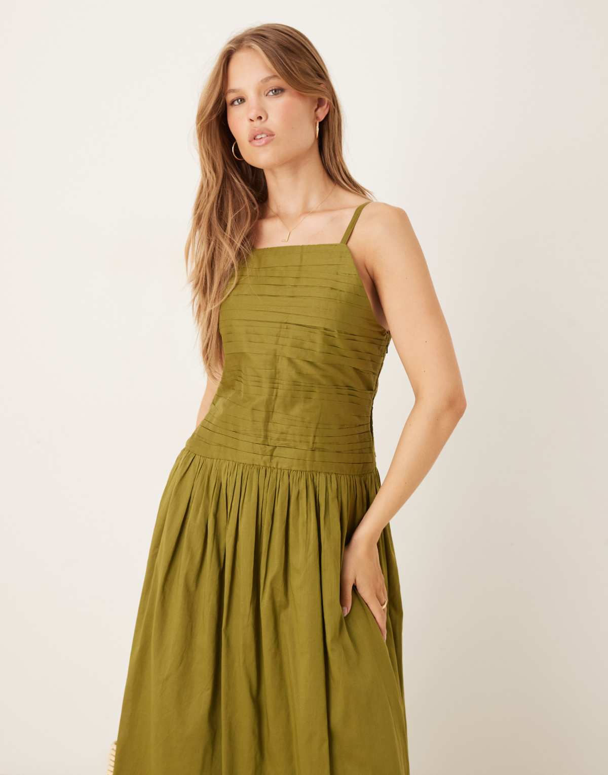 Nobody's Child Talia ruched drop waist midi dress in khaki
