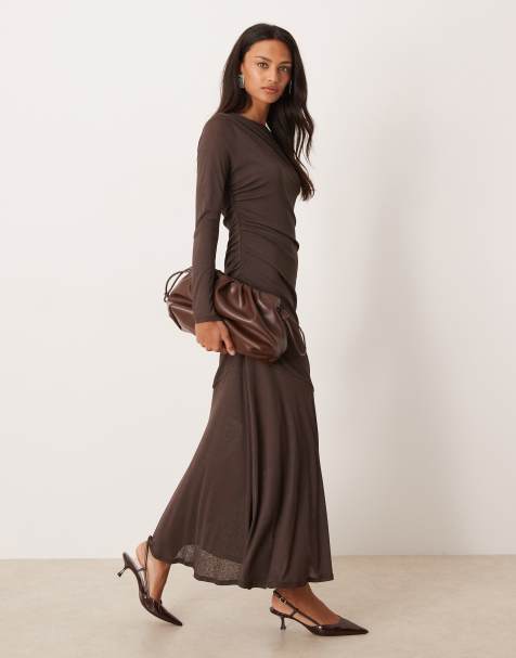 Nobody's Child Tallulah jersey ruched long sleeved midi dress in brown - view 1